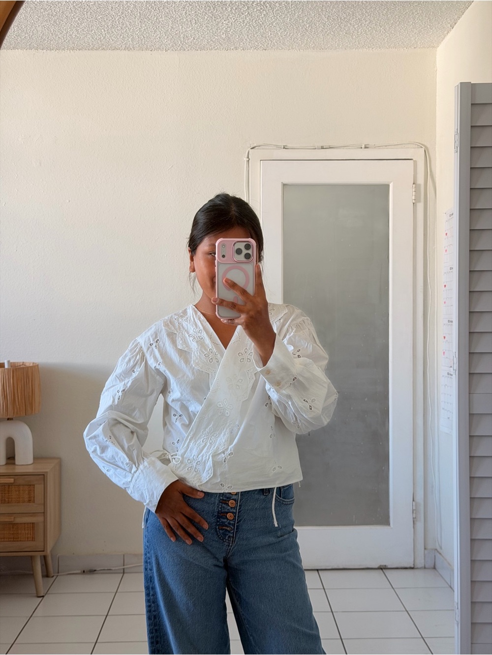 Zara White Eyelet Wrap Blouse